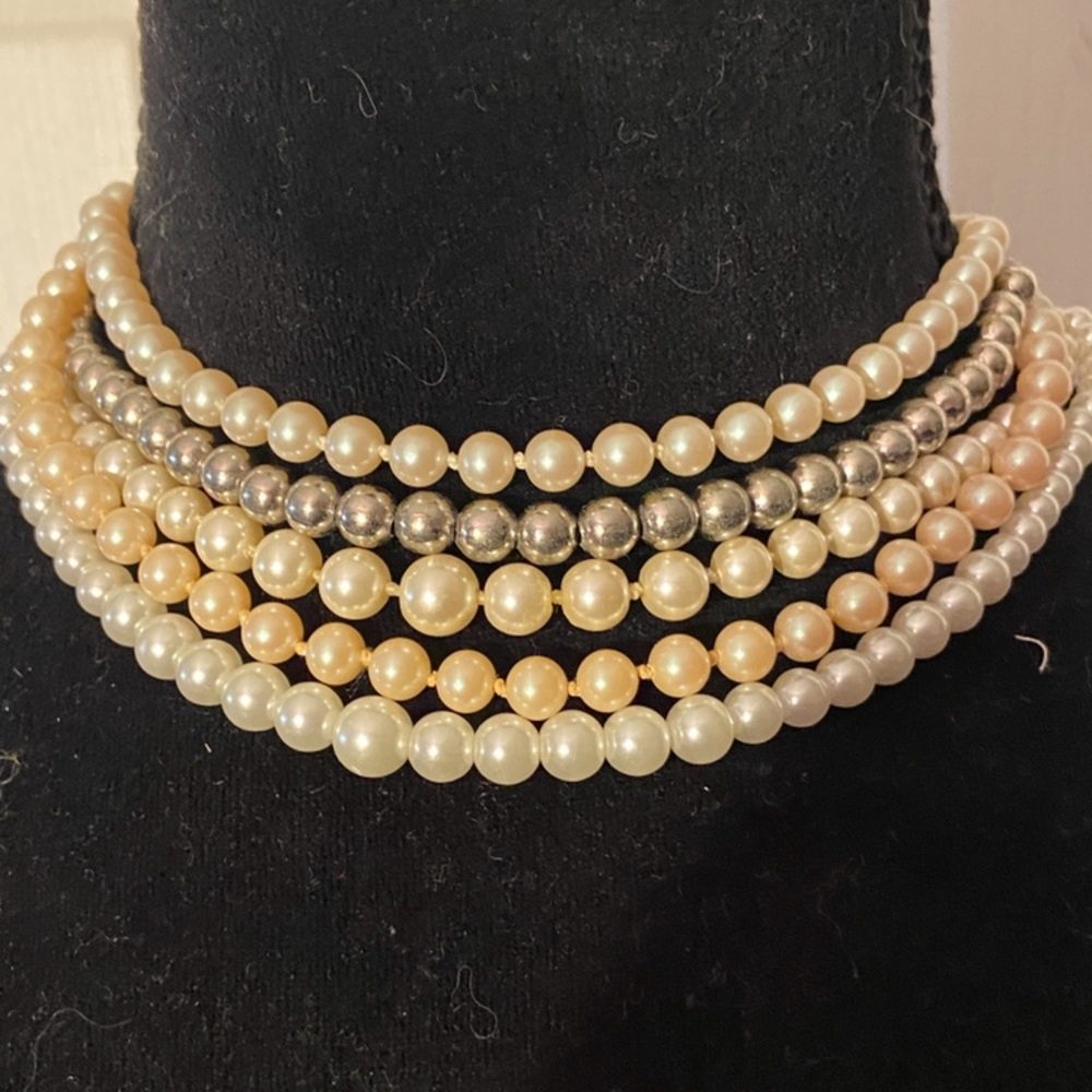 VTG Lot of 5 Strands Faux White/Cream Pearls & Metal Beaded Choker Necklaces